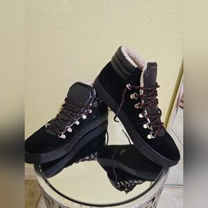 Banana Republic Black Suede Lace-Up Shearling Ankle Boots